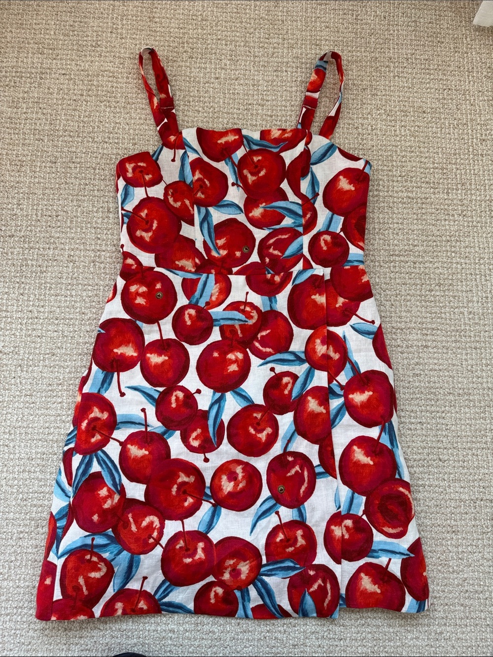 FARM Rio Linen Red Cherry Print Mini Dress with Blue Leaves - worn once. Size S - Picture 3 of 9